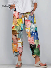 Watercolor Cute Cats Repeat Pattern Printed Women's Cotton And Linen Casual Pants