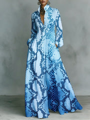 Snakeskin-print Stand-collar Single-breasted Long Shirt Dress
