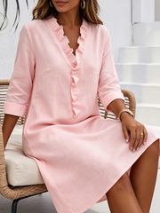 Cozy Ruffled-collar Cotton-linen Midi Dress