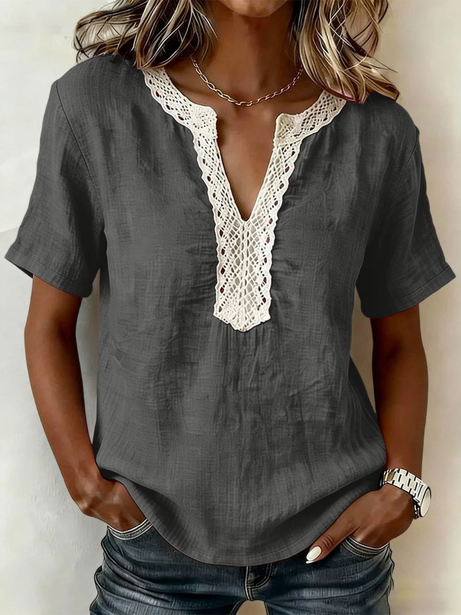 Casual Short-sleeve Top With Lace-trimmed Collar (linen & Cotton)