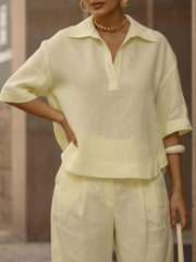 Women's Casual Linen And Cotton Shirt And Wide-leg Pants Two-piece Set