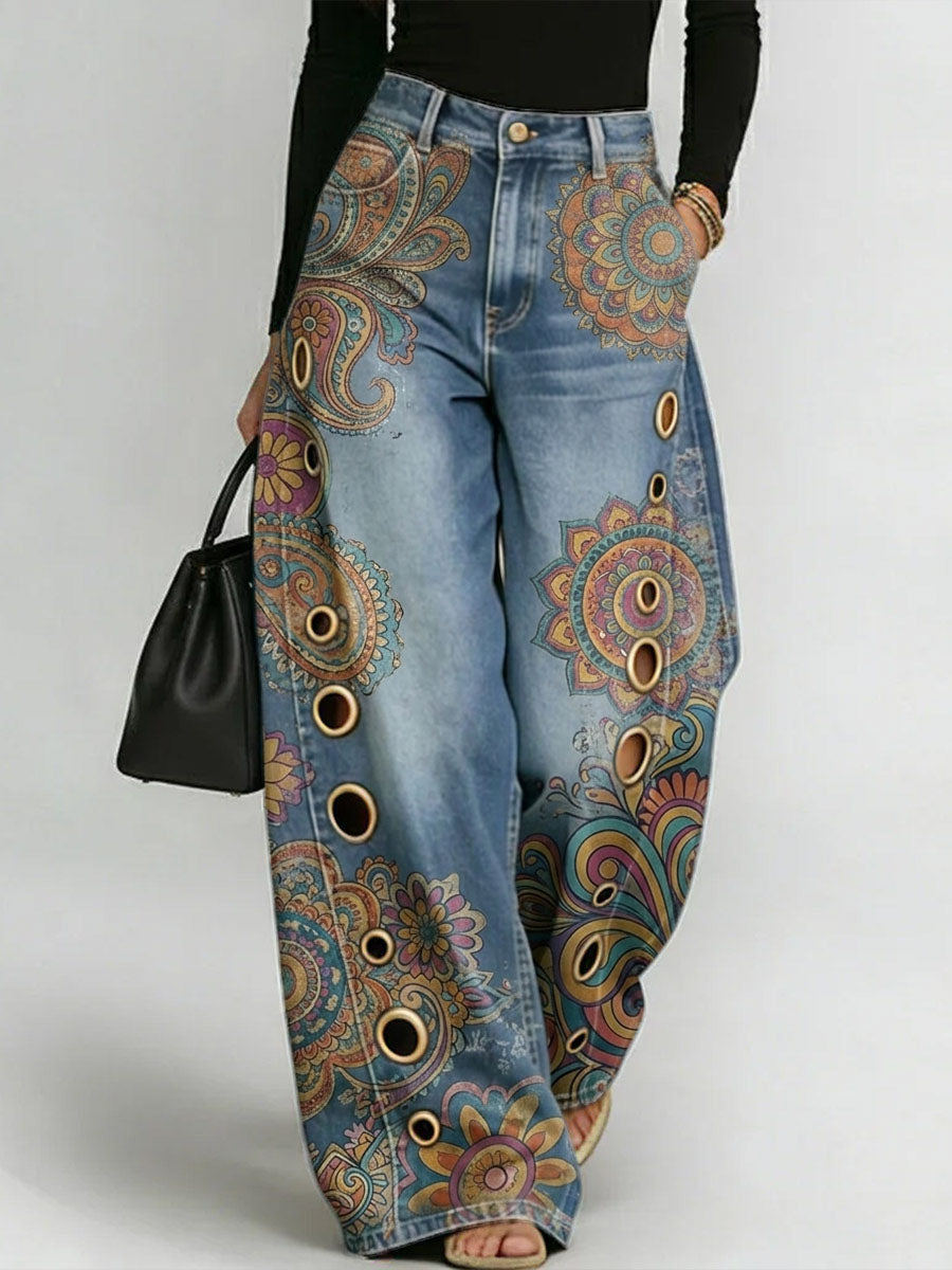Women's Retro Hippie-style Print Casual Fashion Cutout Jeans