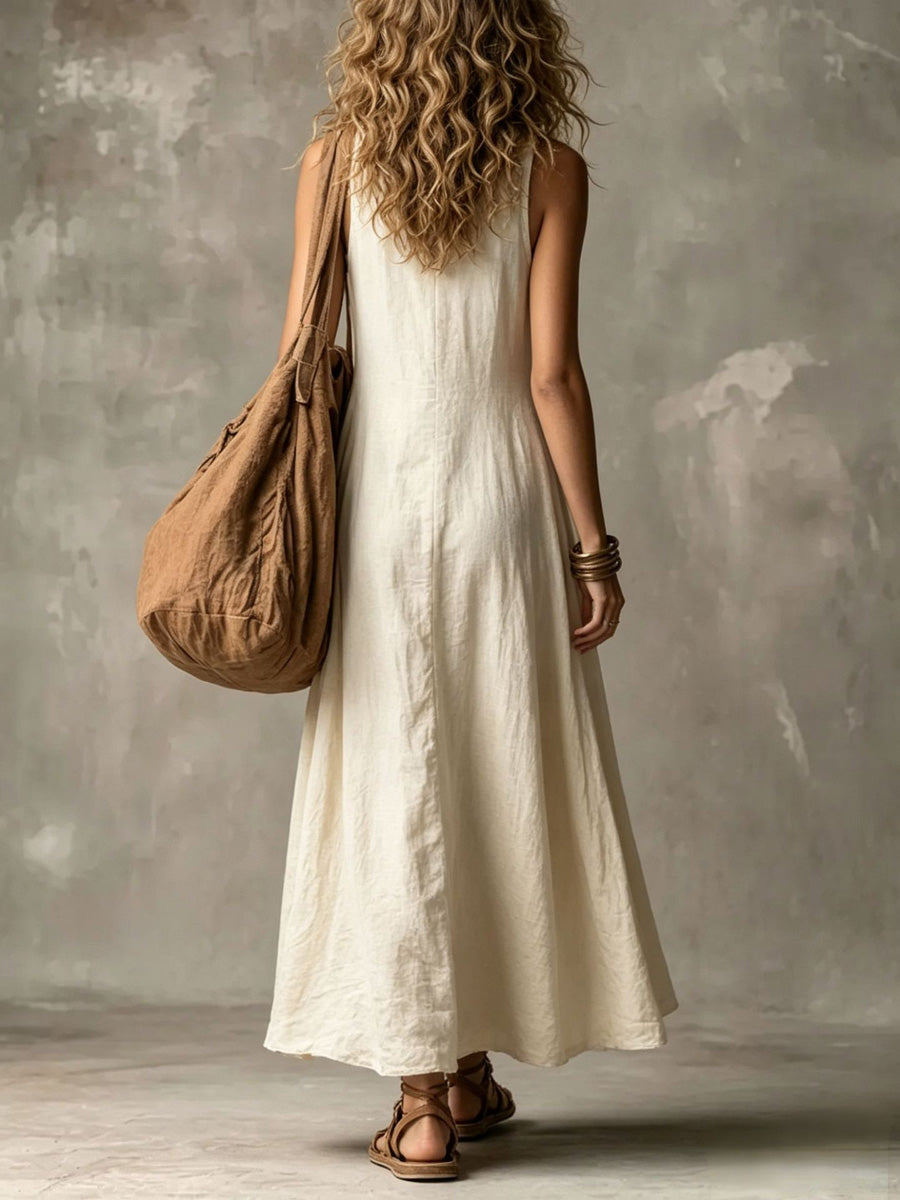 Women's Cowl-neck Sleeveless Cotton-linen Dress