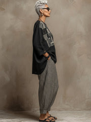 Bohemian Art Print Linen And Cotton Two-piece Top And Pants Set