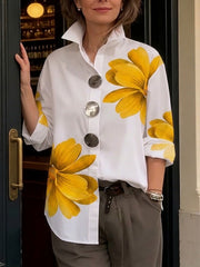 Casual Cotton Shirt With Decorative Buckle And Artistic Floral Print