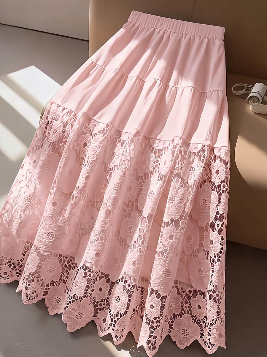 Women's Solid-color High-waisted Cotton Skirt With Embroidered Paneling