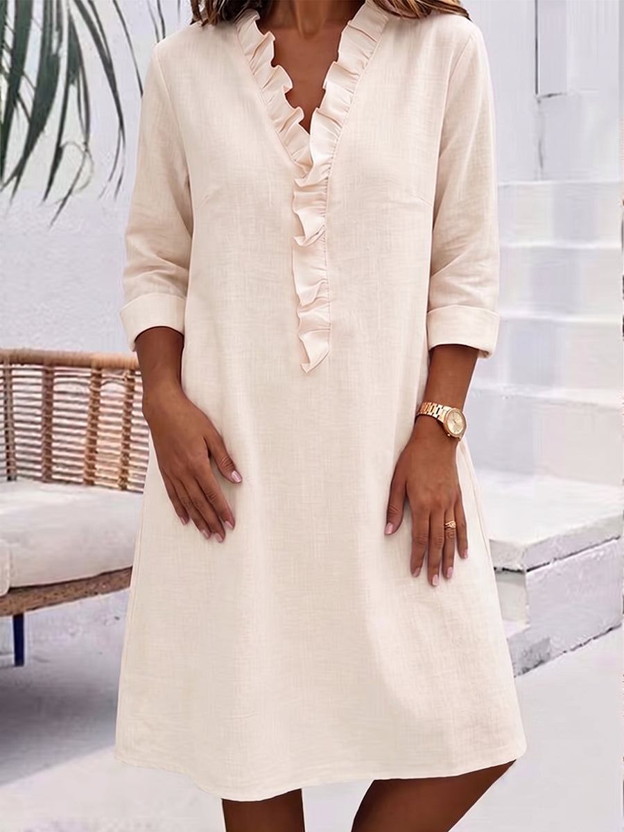 Cozy Ruffled-collar Cotton-linen Midi Dress
