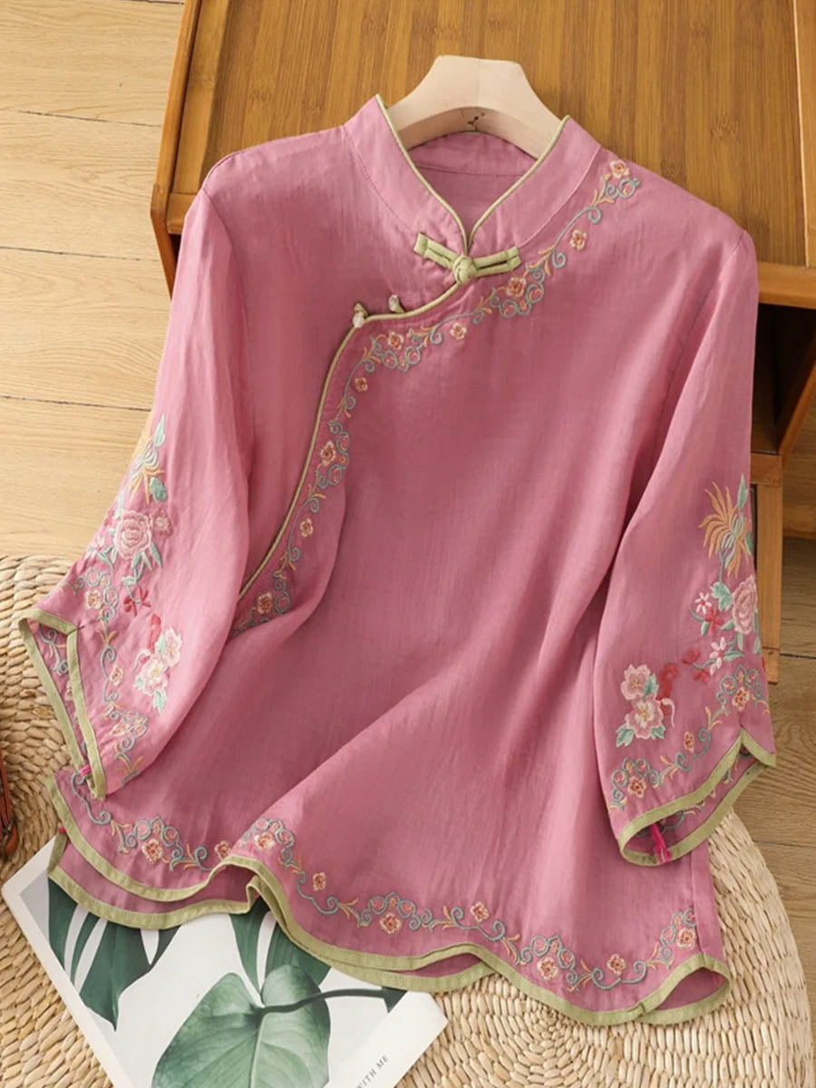 Women's Stand-collar 3/4-sleeve Casual Loose Cotton-linen Embroidered Top