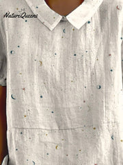 Women's Lovely Little Stars Moons Art Print Casual Cotton And Linen Shirt