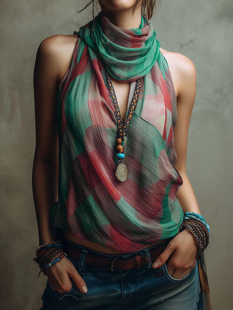 Women's Stand-collar Sleeveless Loose-fit Casual Plaid Top