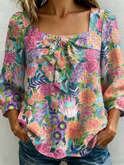Elegant Colorful Flower Decorative Pattern Women's Long Sleeve Linen Cotton Shirt