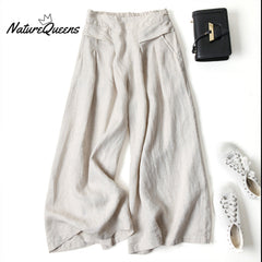 Cotton linen loose semi-elastic cropped pants