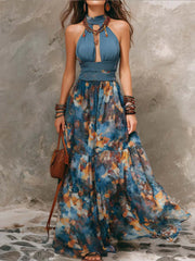 Bohemian-print Halter-neck Maxi Chiffon Dress