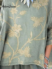 Women's Retro Elegant Floral Art Print Casual Cotton And Linen Shirt