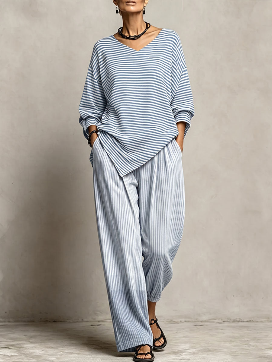 Women's Striped Print V-neck Long-sleeve Casual Loose Cotton-linen Top & High-waisted Wide-leg Pants Set