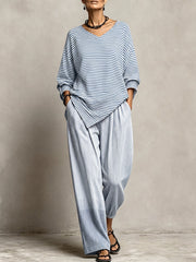 Women's Striped Print V-neck Long-sleeve Casual Loose Cotton-linen Top & High-waisted Wide-leg Pants Set