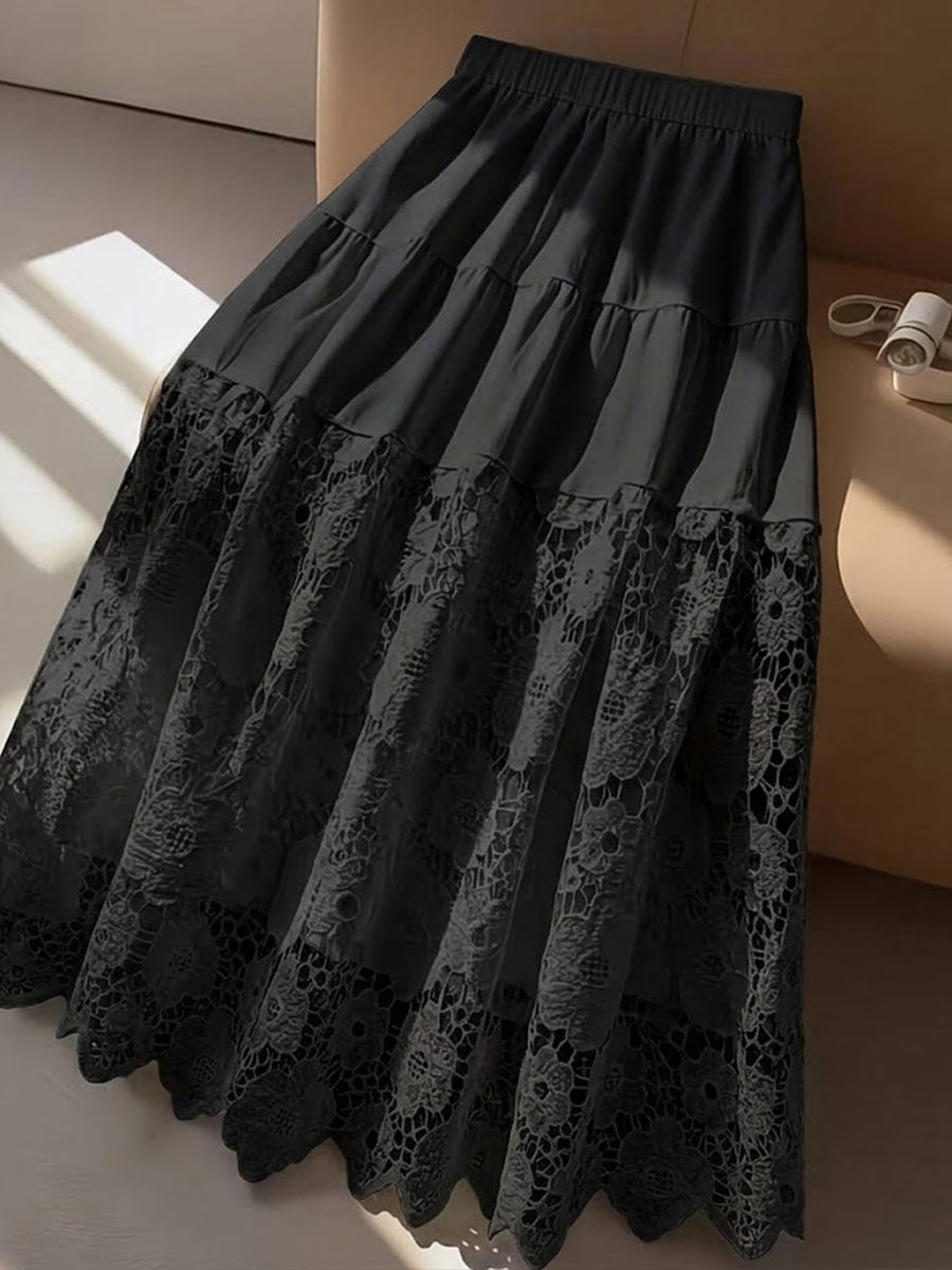 Women's Solid-color High-waisted Cotton Skirt With Embroidered Paneling