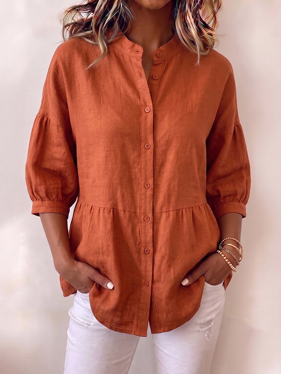 Casual Loose-fit Cotton-linen Blouse With Lantern Sleeves