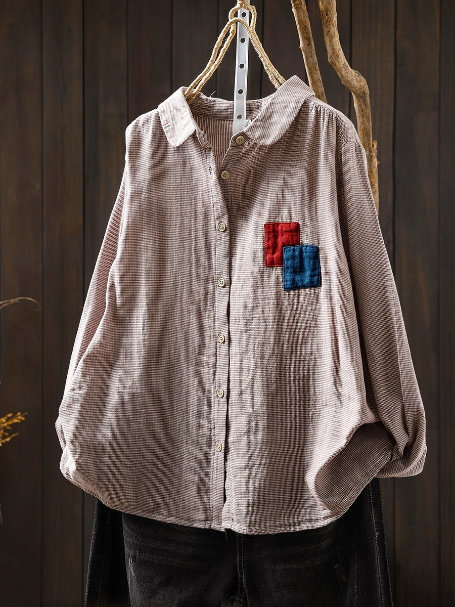 Women Spring Vintage Lattice Patchwork 100%Cotton Shirt
