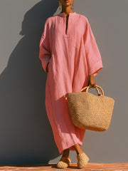 Women's Blush Pink Linen Dress With Three-Quarter Sleeves & Maxi Length, Timeless Resort-Casual Style Dress MDZ2250A5I