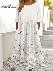Vintage Lace Floral Print Round Neck Pocket Midi Dress
