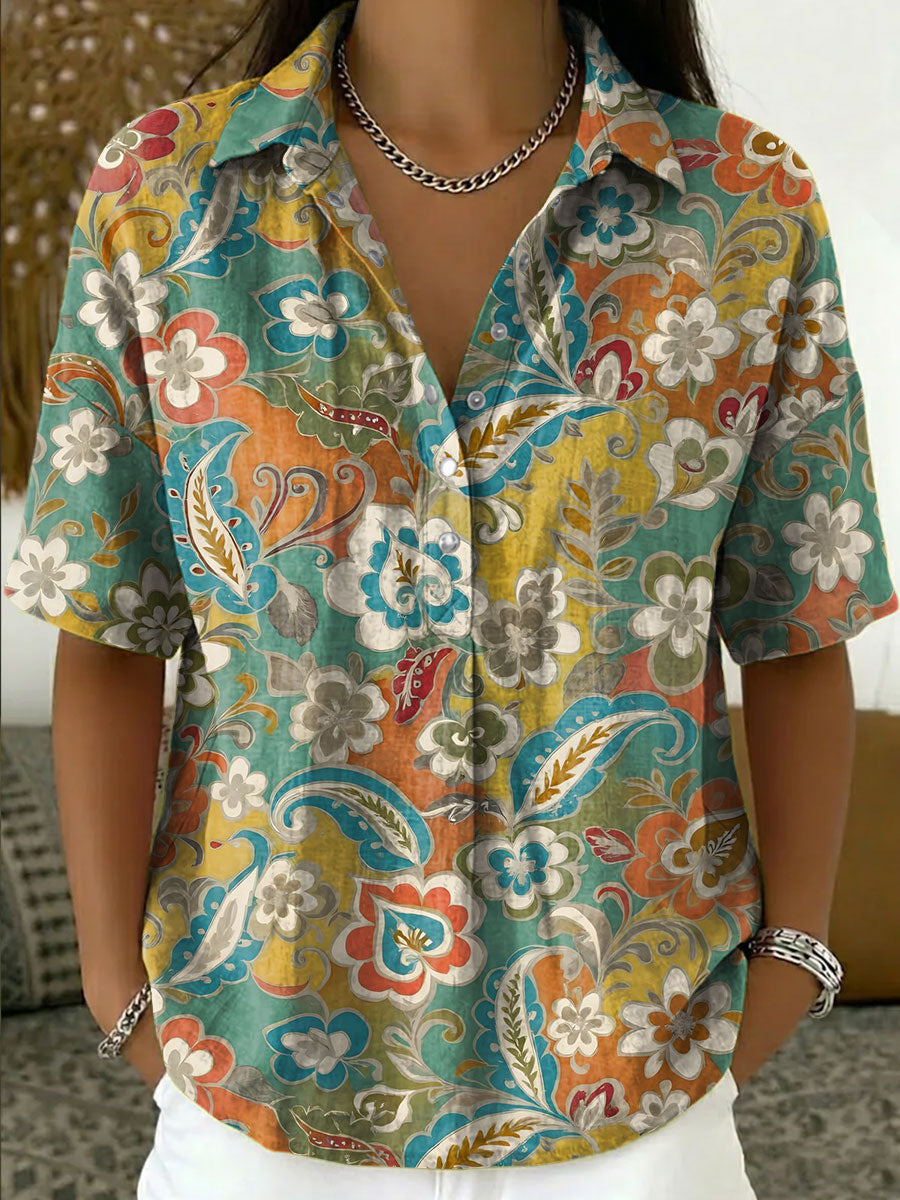 Women's Vintage Botanical Floral Casual Polo Collar Short-sleeved Linen And Cotton Shirt