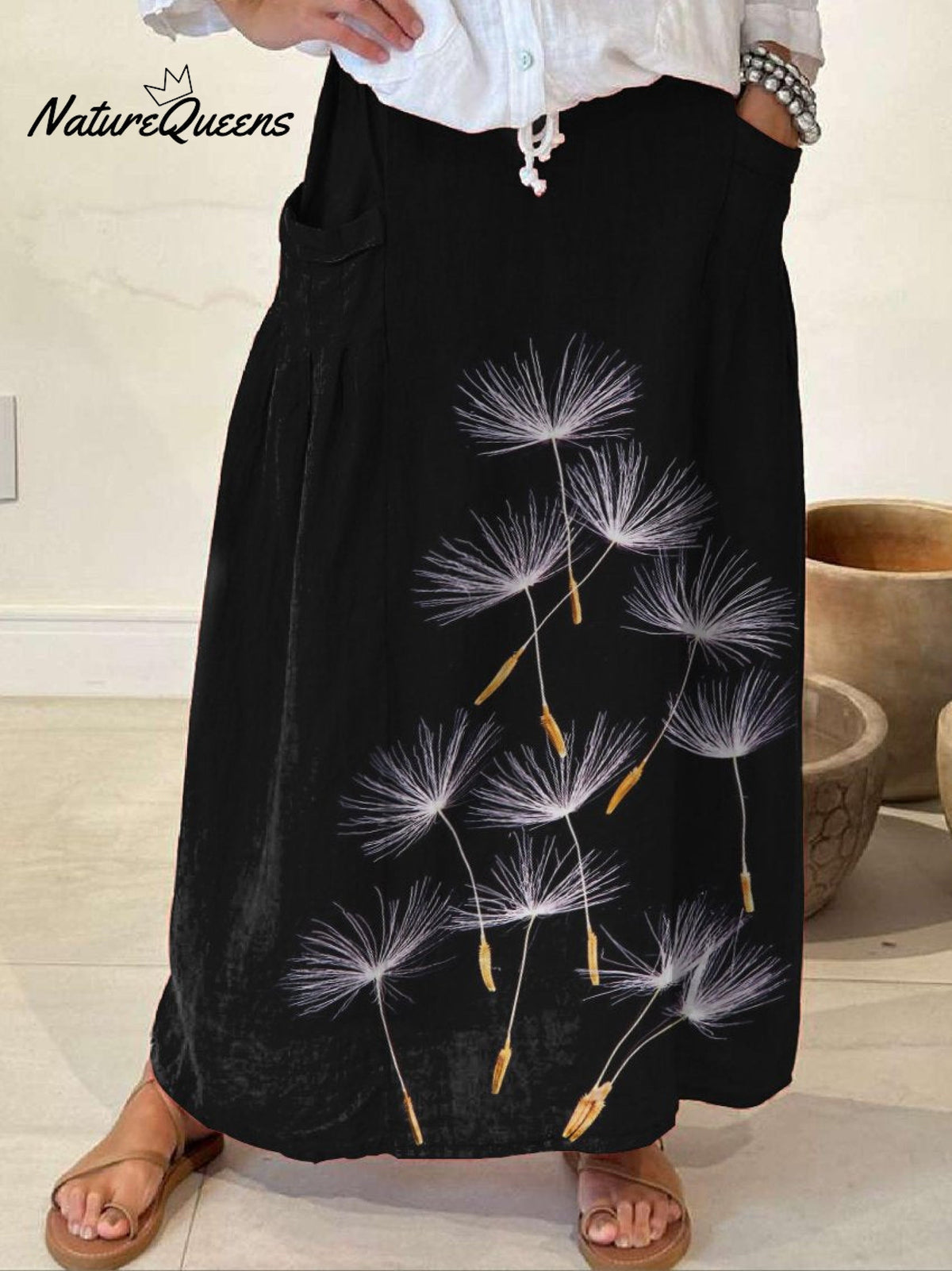 Women's Flowers Dandelion Casual Print Linen Pocket Skirt
