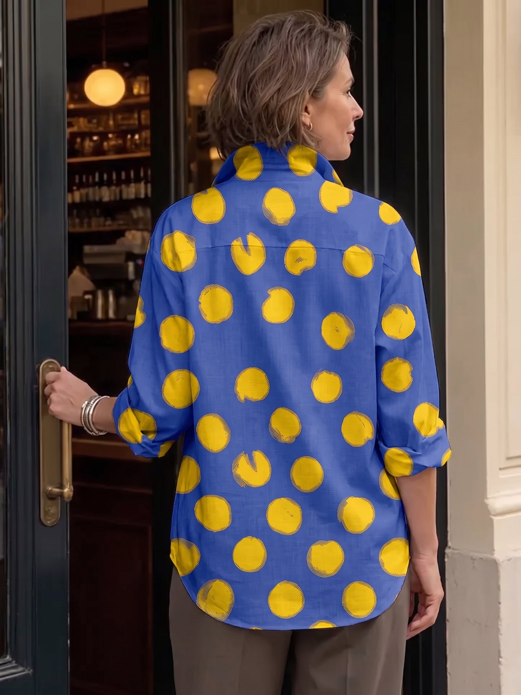 Artistic Brushstroke Polka Dot Print Shirt With Metal Buttons