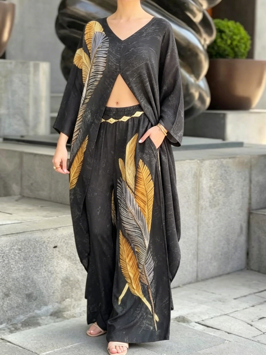 Boho Feather Print Long Shirt And Pants Two-piece Set