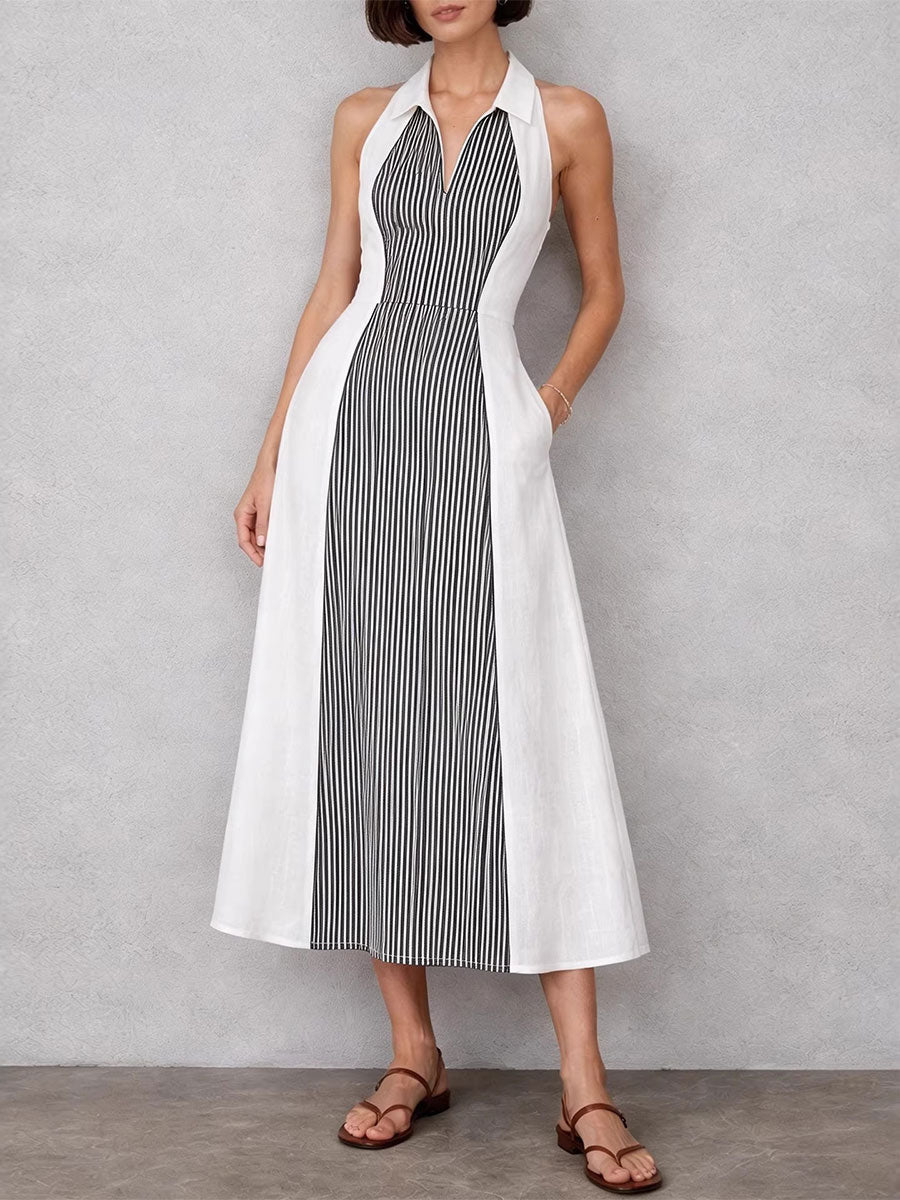 Women's Striped Flared Hem Color-block Lapel Linen Maxi Dress