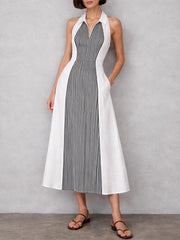Women's Striped Flared Hem Color-block Lapel Linen Maxi Dress