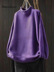 Women's Retro Solid Color Loose Elegant Half Turtleneck Casual Pullover Knitted Sweater