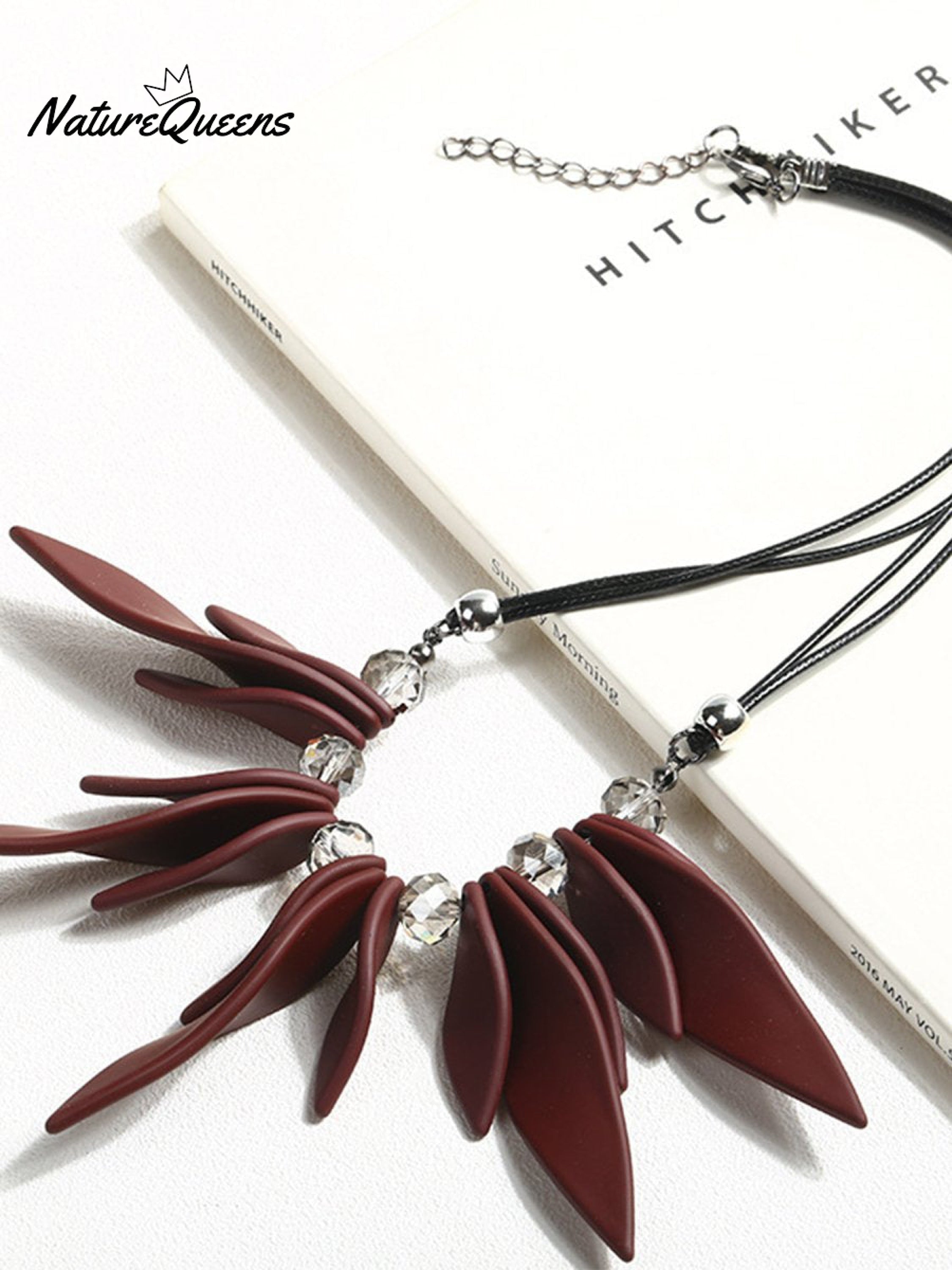 Multilayered Leaf Crystal Leather Cord Necklace