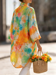 Artistic Watercolor Print Cotton-linen Cardigan & Vest Two-piece Set