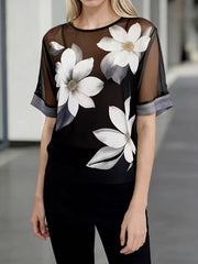 Women's Abstract Print Round-neck Short-sleeve Casual Loose Sheer Chiffon Top