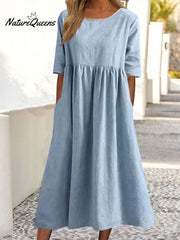 5-quarter Sleeve Casual Loose Solid Color Cotton and Linen Dress