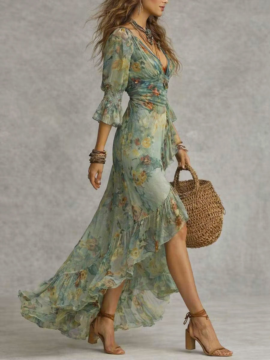 Women's Ruffled Floral Art Print Casual Stylish Comfortable Long Dress