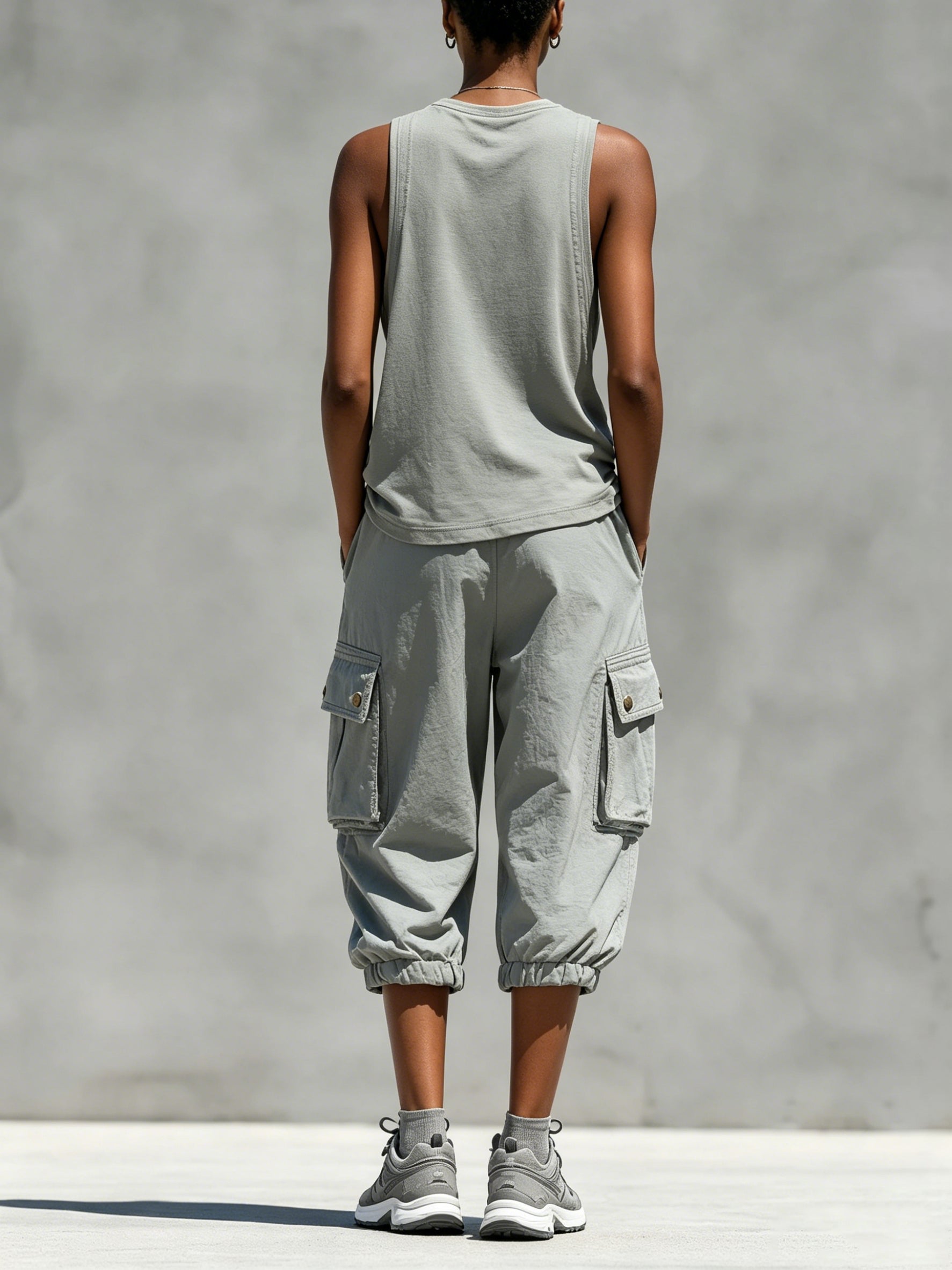 Light Gray Washed Cotton Crew Neck Sleeveless Tank Top & Drawstring Elastic Waist Multi-pocket Cargo Cropped Pants Set