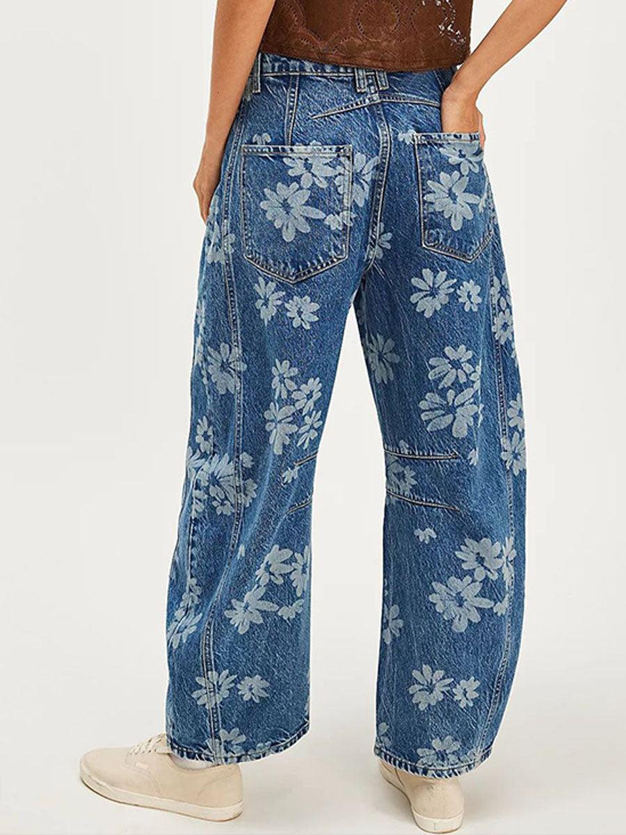 Women's Flower Print Loose-fit Mid-rise Straight-leg Jeans