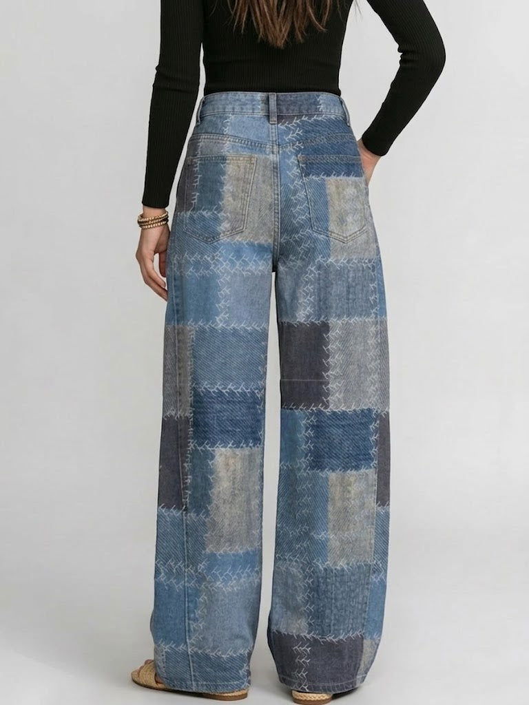 Women's Retro Patchwork Art Print Casual & Stylish Distressed Jeans