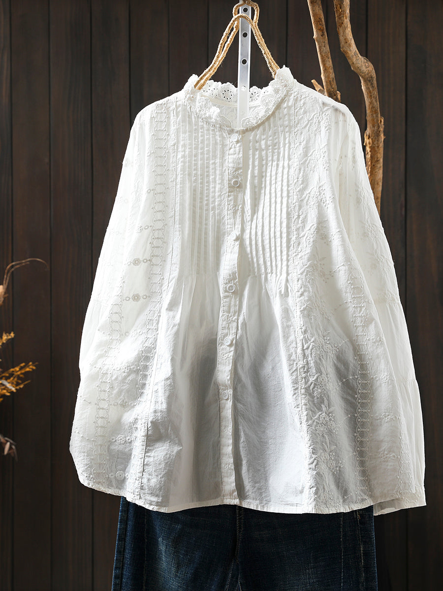 Plus Size Women Winter Artsy Stand Collar Embroidery 100%Cotton Shirt