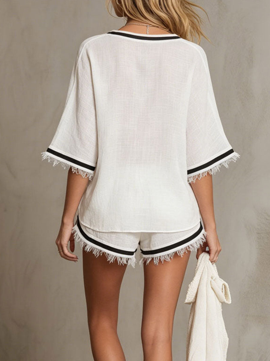 Women's Casual Cotton-linen Two-piece Set: Loose-fit V-neck Top With Half Sleeves & Elastic-waist Wide-leg Shorts