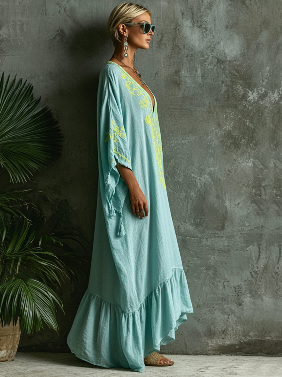 Bohemian-Print Loose and Cozy Linen-Cotton Dress