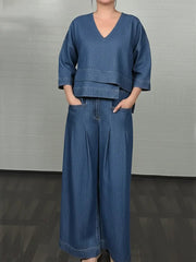 Women's Casual Denim Cotton Top And Pants Two-piece Set