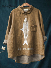 Sardine Fish Graphic Printed Women's Casual Cotton And Linen Shirt