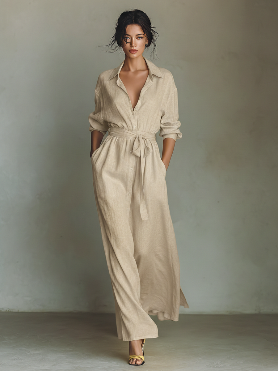 Women's Beige Linen Fabric Shirt Maxi Dress With Self-Tie Belt & Side Slit MDZ2103A1T