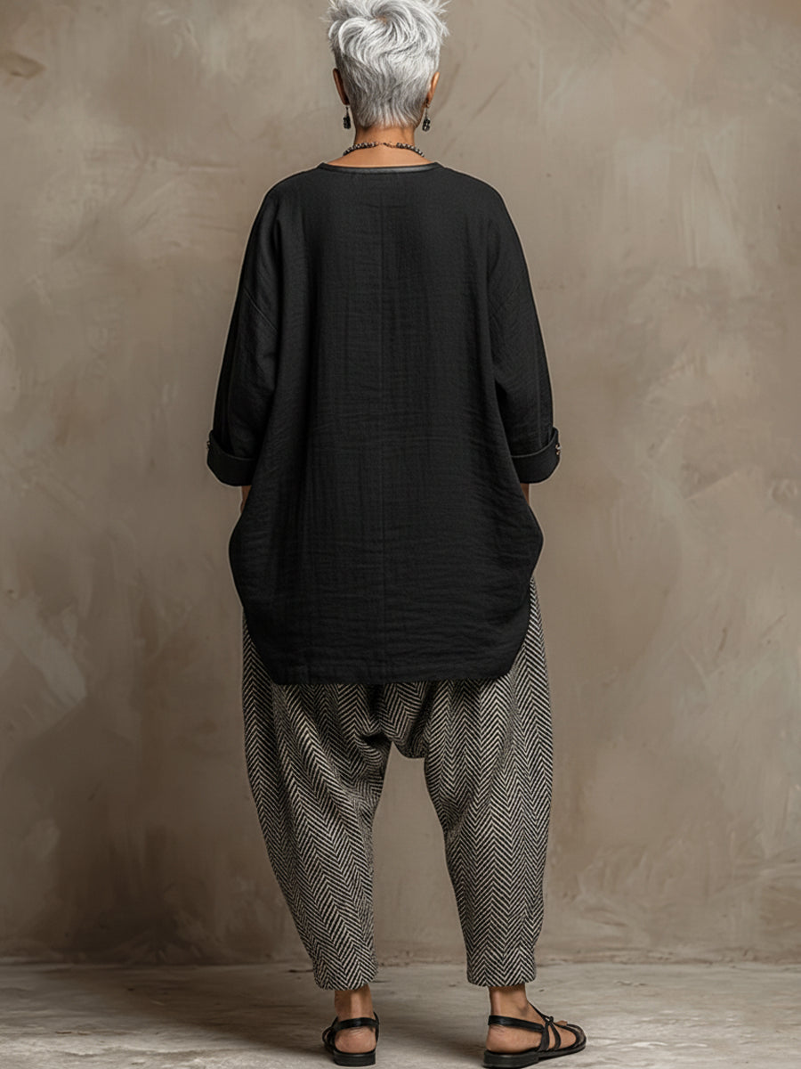 Bohemian Art Print Linen And Cotton Two-piece Top And Pants Set