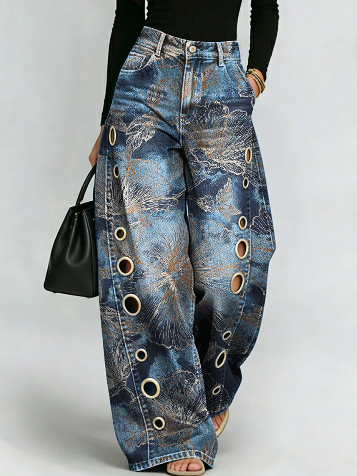 Printed Curved-leg Jeans With Metal Ring Accents
