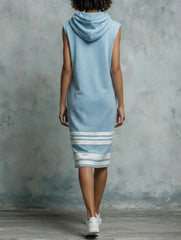 Light Blue Sleeveless Hoodie Midi Dress With White Stripes