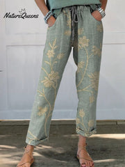 Women's Retro Floral Elegant Art Printed Cotton And Linen Casual Pants